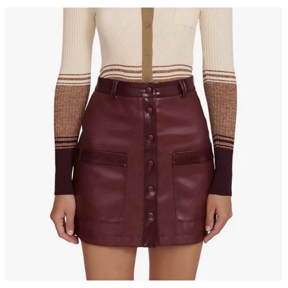 STAUD Burgundy Leather Button-Front Mini Skirt